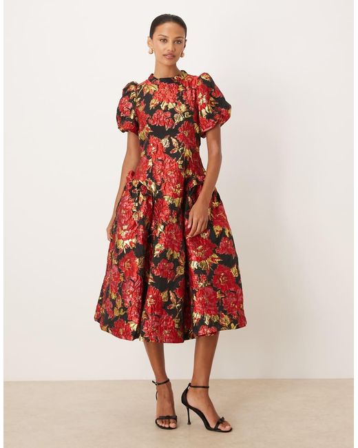Sister Jane Red Dream Illusions Floral Jacquard Puff Sleeve Midi Dress