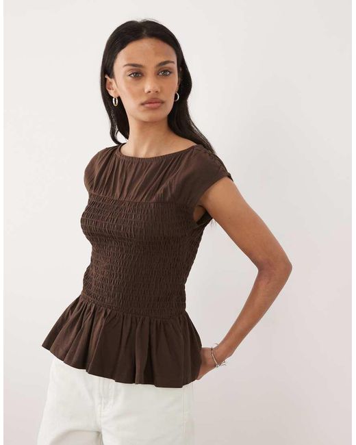 Threadbare Brown Jersey Cap Sleeve Shirred Top