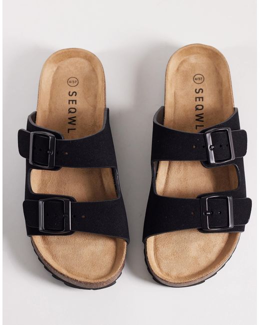 SEQWL Wide Fit Seqwl Olsen Wide Fit Double Buckle Flat Sandals in Black ...