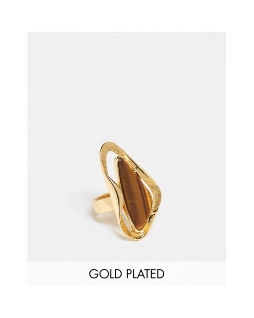 ASOS White Limited Edition 14k Plated Ring With Molten Design And Tigers Eye Real Semi Precious Stone