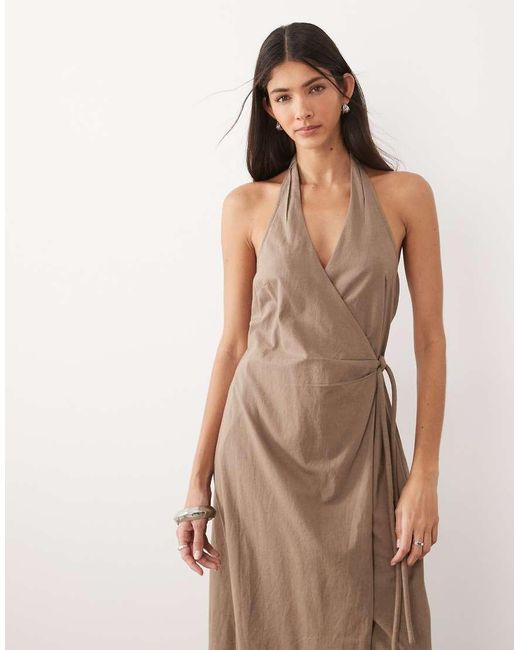 ASOS Natural Cotton-linen Halter Neck Wrap Maxi Sundress