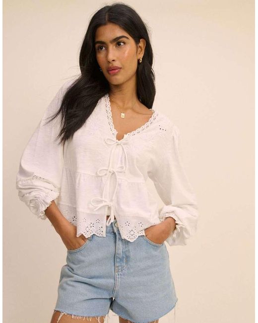 Nobody's Child Natural Embroidered Tie Front Blouse