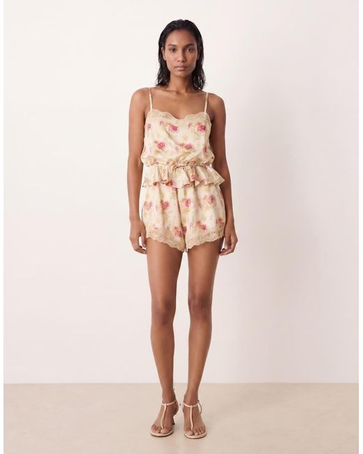 ASOS Natural Satin Playsuit With Lace Trims
