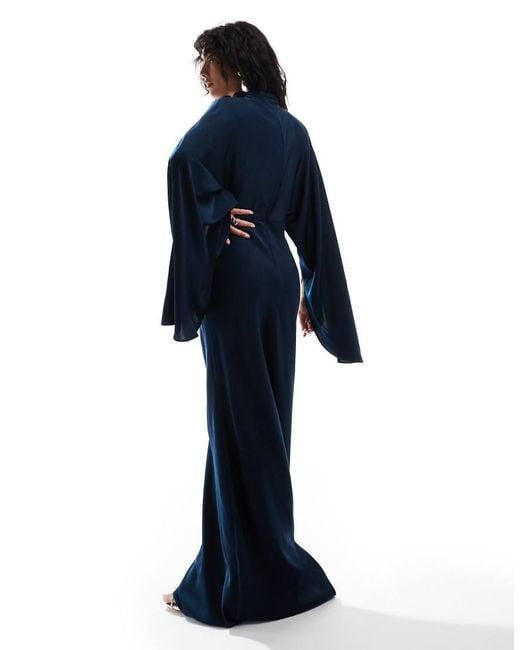 ASOS Blue Funnel Neck Satin Maxi Dress With exaggerated Sleeves