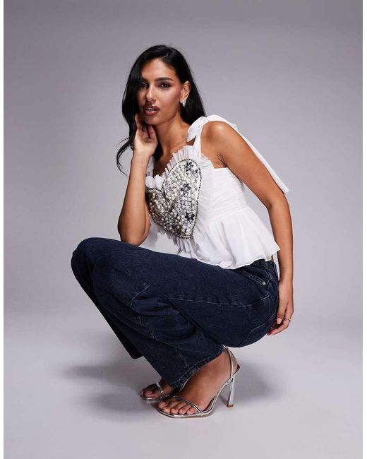 ASOS Gray Heart Embellished Peplum Top With Bow Shoulder Detail