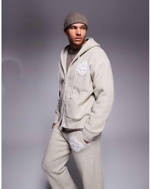 The Couture Club Gray Co-ord Fluffy Knit Emblem Zip Through Hoodie for men