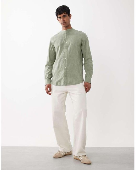 Jack & Jones Green Linen Mix Granded Collar Shirt for men