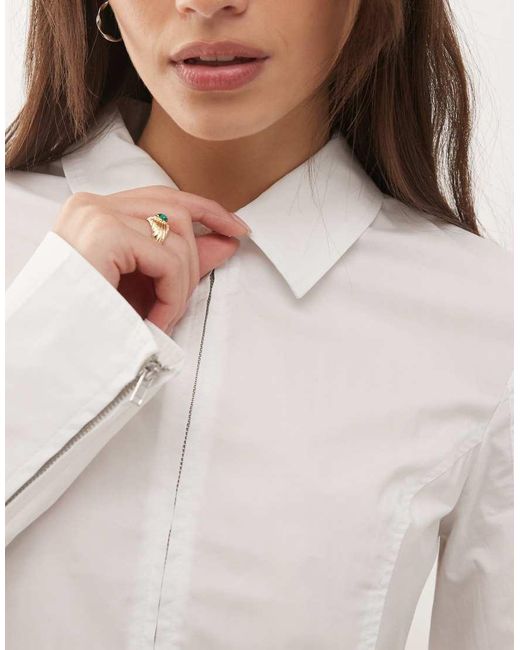 Weekday White Zip Up Shirt With Flare Sleeve Detailing