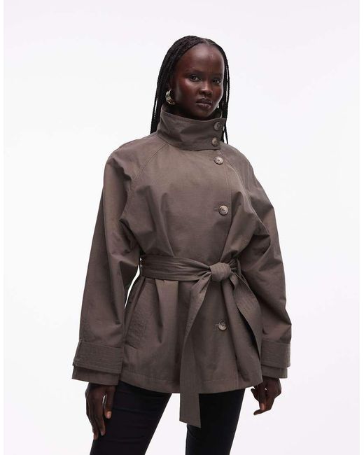 ASOS Brown Funnel Neck Tie Belt Trench Coat