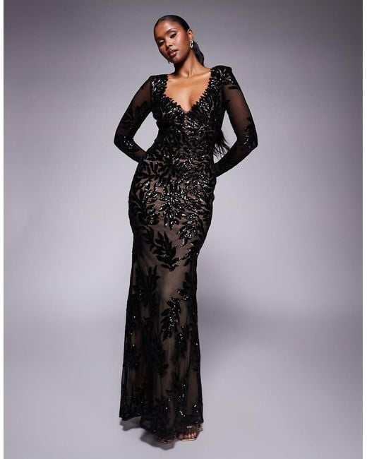 Goddiva Blue Long Sleeve Sequin Leaf Long Sleeve Maxi Dress