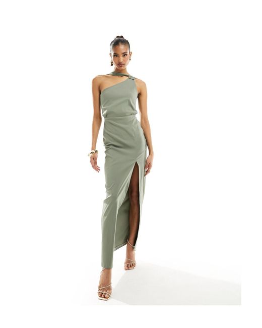 Vesper Green Exclusive One Shoulder Neck Detail Thigh Split Maxi Dress