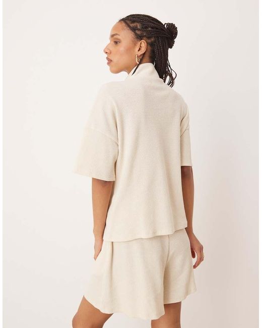 Vila Rechte Top Van Wafelstof Met 1/4 Rits Met Imitatieparel in het Natural