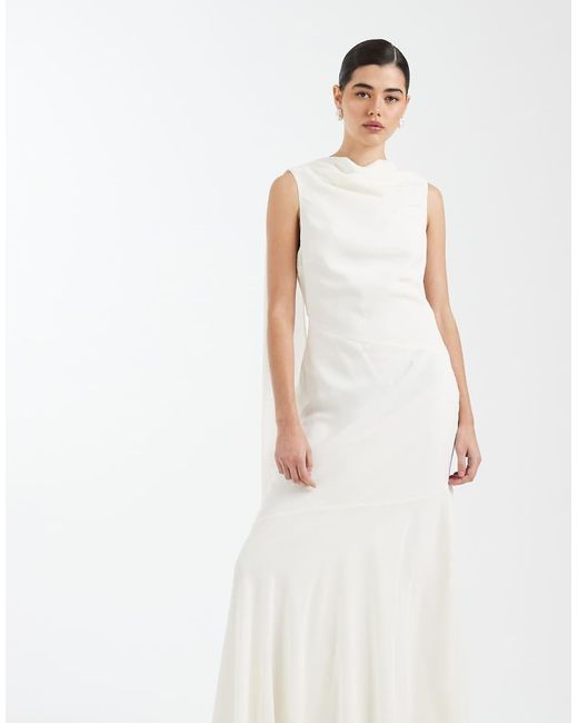 Six Stories White Bridesmaid Crepe High Cowl Neck Maxi Dress