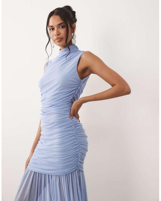 ASOS Blue Ruched Drop Waist Circle Dress With Grown
