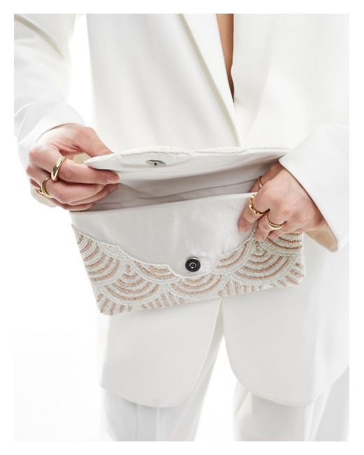 True Decadence White Embellished Patterned Envelope Clutch Bag