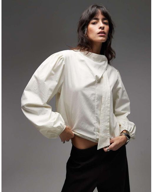 ASOS Gray Poplin Tie Neck Blouse