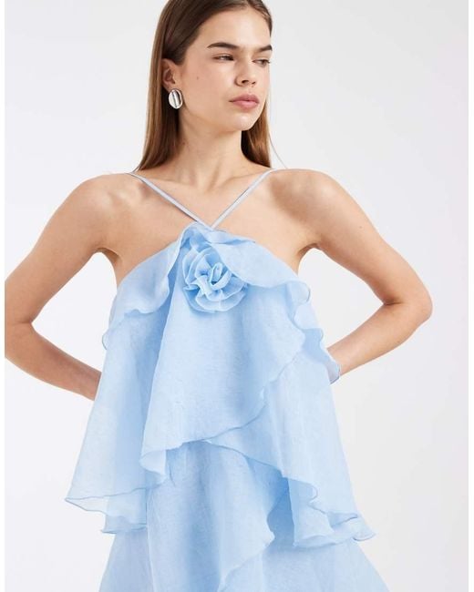 Vero Moda Blue Ruffled Floral Corsage Halter Neck Crinkle Chiffon Maxi Dress