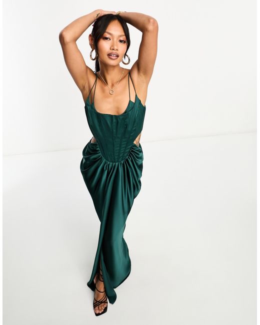 green satin cut out dress ASOS Corset Boned Maxi With Draped Skirt in pdp:detail:page:sizing