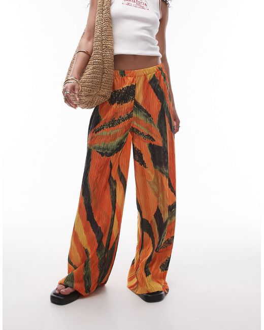 TOPSHOP Orange Abstract Papaya Print Crinkle Plisse Trouser