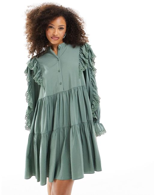 & Other Stories Green Tiered Mini Smock Dress With Embroidered Frill Detail