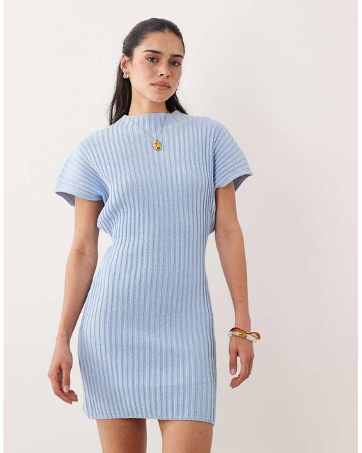 ASOS Blue Knit Cinched Pleated Mini Dress