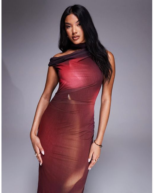 River Island Purple Asymmetric Highneck Mesh Midi Dress