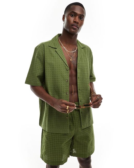 Chemise d'ensemble décontractée en broderie anglaise avec manches courtes et col à revers - kaki ASOS pour homme en coloris Green