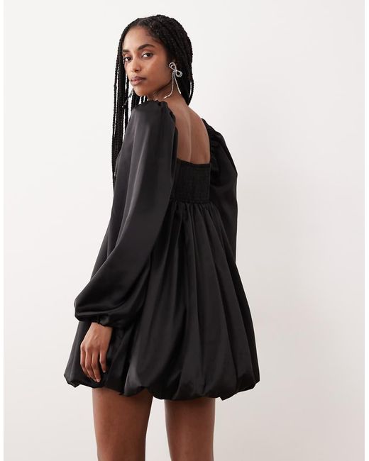 Gina Tricot Black Long Sleeve Sweatheart Neck Bubble Mini Dress