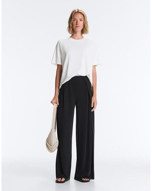 Oysho White Modal Blend Straight-Leg Trousers With Side Pleat