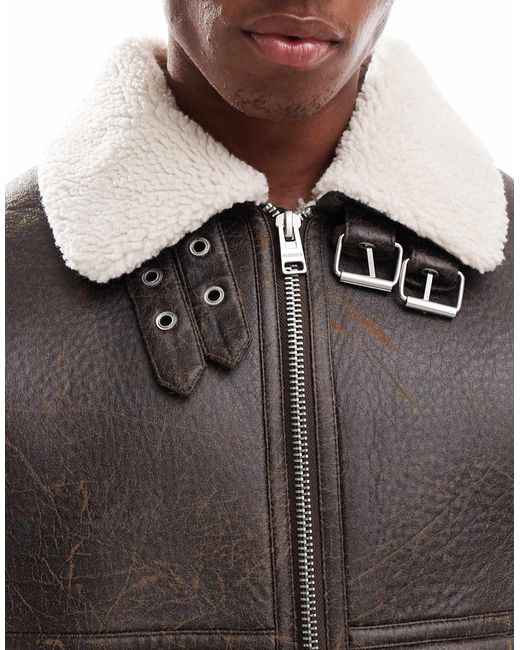 Bershka Gray Faux Leather Washed Jacket With Shearling for men