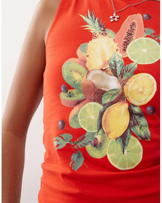 Collusion Red Fruit Print Slash Neck Top
