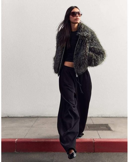 Bershka Blue Zip-up Faux Fur Jacket