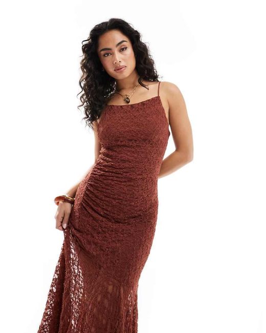 Pull&Bear Red Asymmetric Hem Lace Maxi Dress