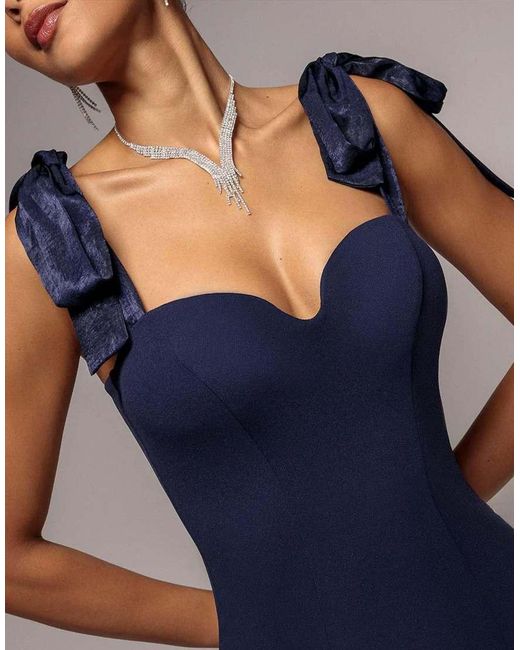 Goddiva Blue Multiway Bow Velvet Satin Sweetheart Maxi Dress