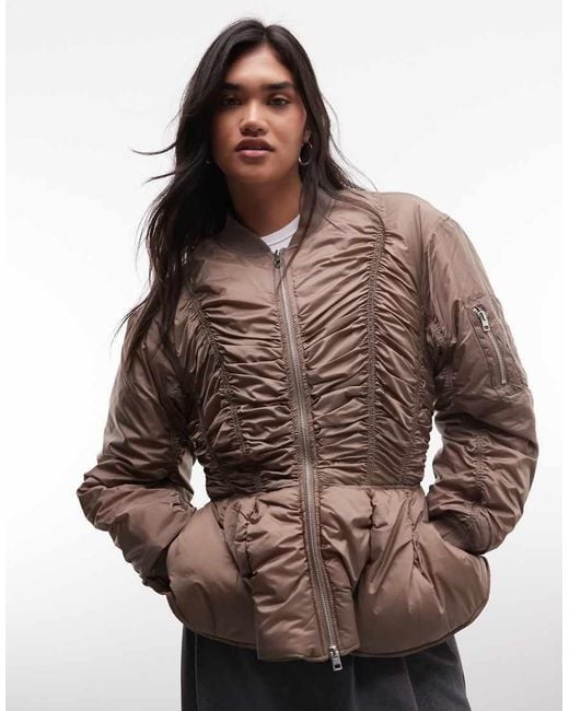 Monki Brown Ruched Bomber Jacket