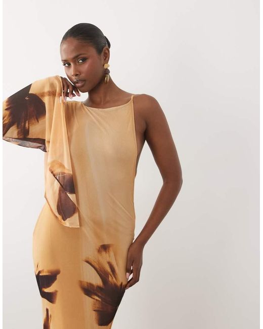 ASOS Natural Drape Scarf Sleeve Mesh Maxi Dress
