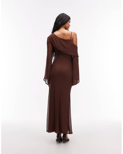 ASOS Brown Mesh Folded Neckline Maxi Dress With Fallen Shoulder