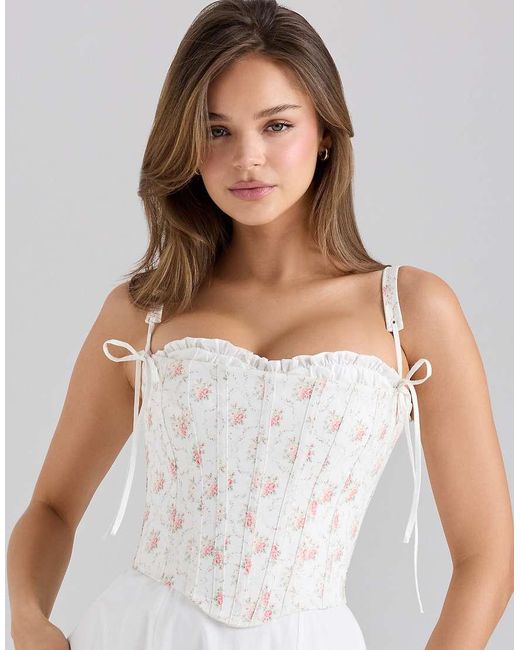 House Of Cb White Clarabelle Rose Print Cotton Detachable Corset Midi Sundress