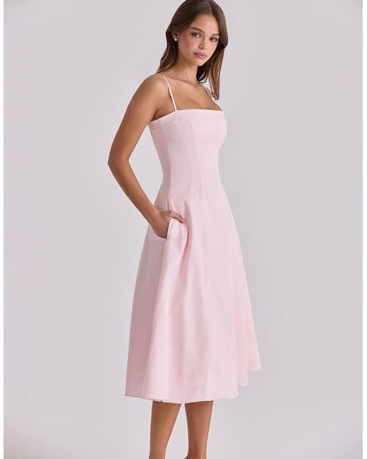 House Of Cb Pink Dolly Sateen Cotton Flared Midi Sundress