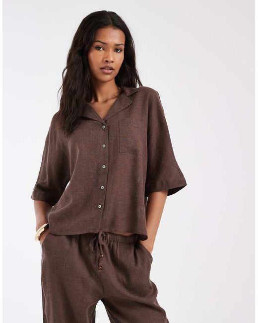 ONLY Brown Linen Blend Short Sleeve Shirt