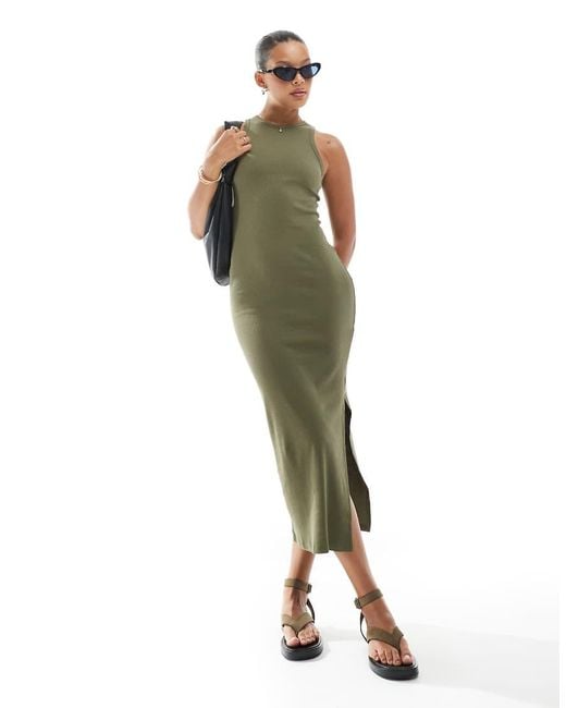 New Look Green Ribbed Racer Back Midi Dress