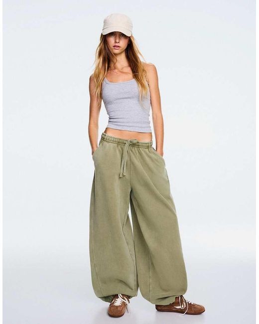 Bershka Green Barrel Plush Trousers With Stoppers