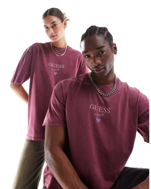Camiseta burdeos unisex con logo estampado baker Guess de color Purple