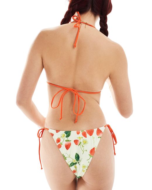 Motel Multicolor Lentra Contrast Bind Blooming Strawberry Print Tie Side Bikini Bottom