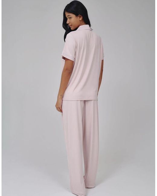 Loungeable Pink Super Soft Jersey Rib Traditional Short Sleeve Long Pyjamas