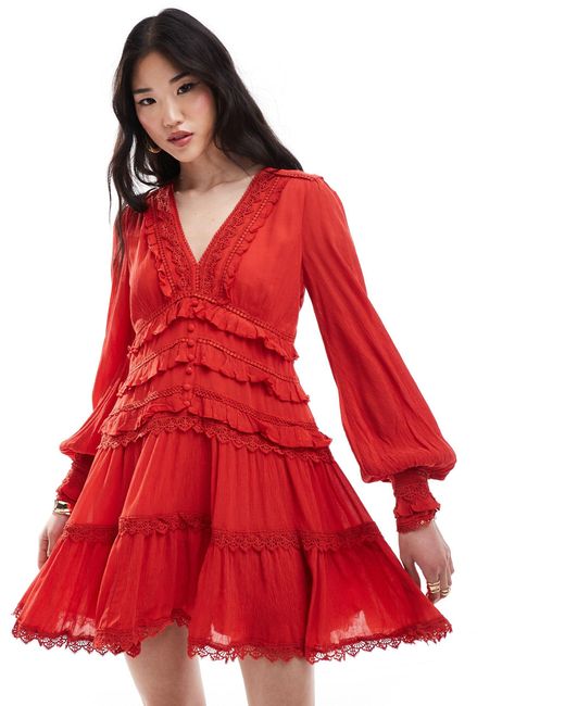 AllSaints Red Zora Ruffle Mini Dress