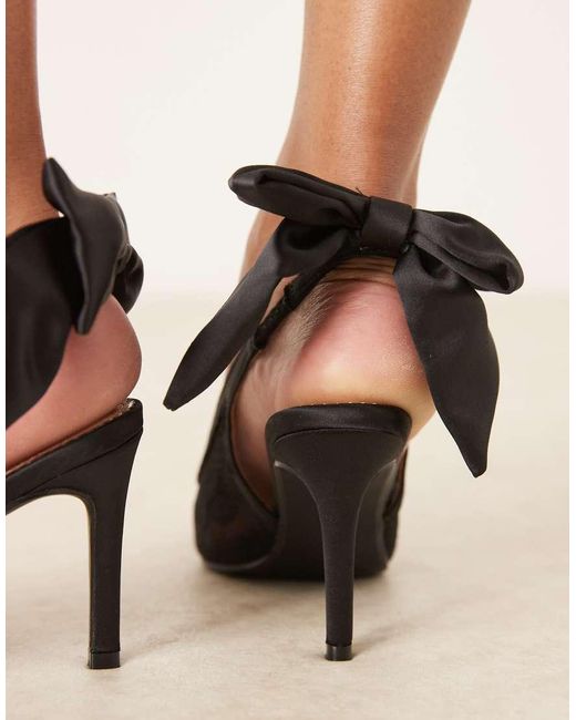 Glamorous Black Pointed High Heeled Court Shoes With Bow Detail