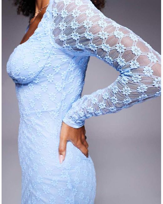 Bardot Midi Jurk Van Kant En Mesh in het Blue