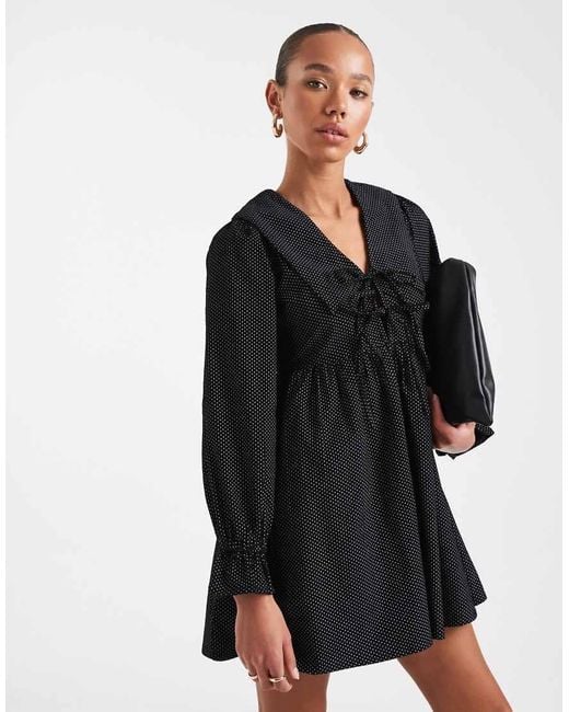 Wednesday's Girl Black Collar Detail Dot Cord Mini Smock Dress
