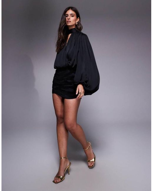 ASOS Blue Long Sleeve Blouson Plunge Mini Dress With Structured Skirt